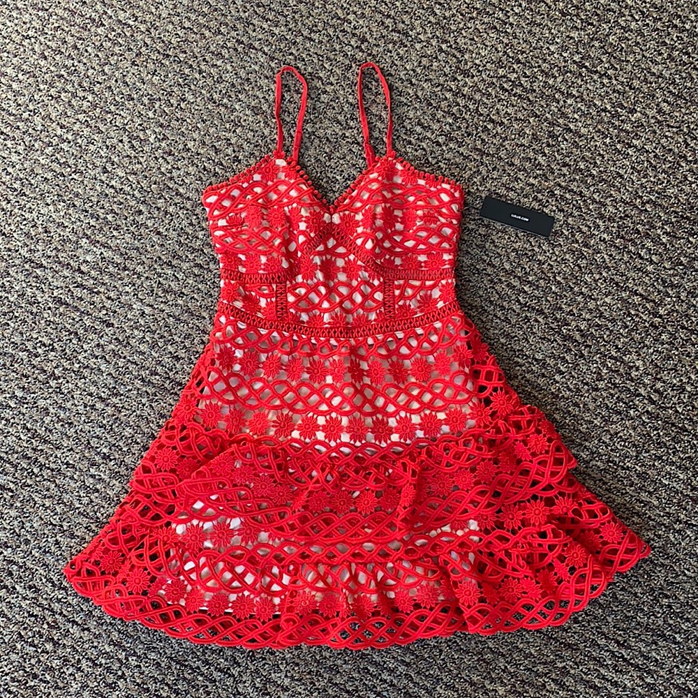 Beauty + lace red + nude crochet lace mini dress